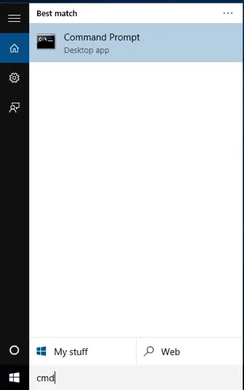 CMD en el menú Inicio para ejecutar el símbolo del sistema en Windows 10