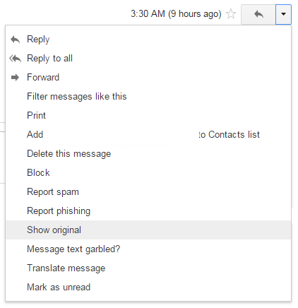 gmail menu where Show original is selected to get to email header to Trace an email from GMail