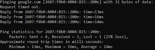 Comando de ping para resultados de DOS