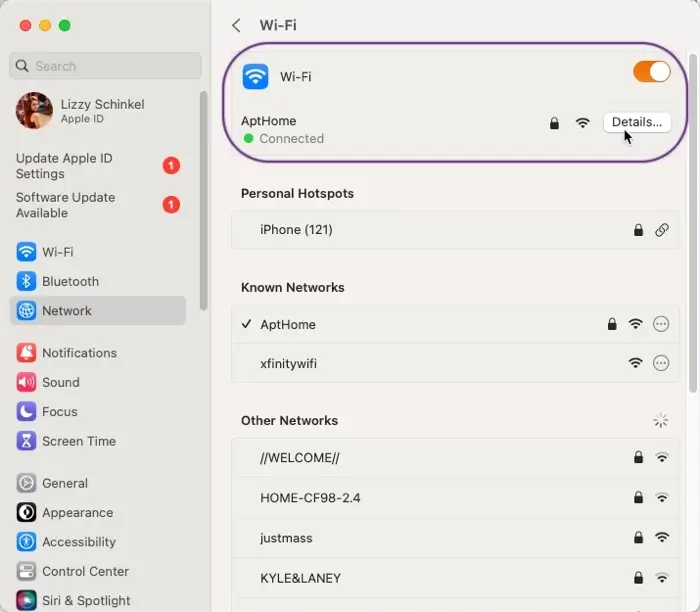 Choose your WiFi network and click Details.