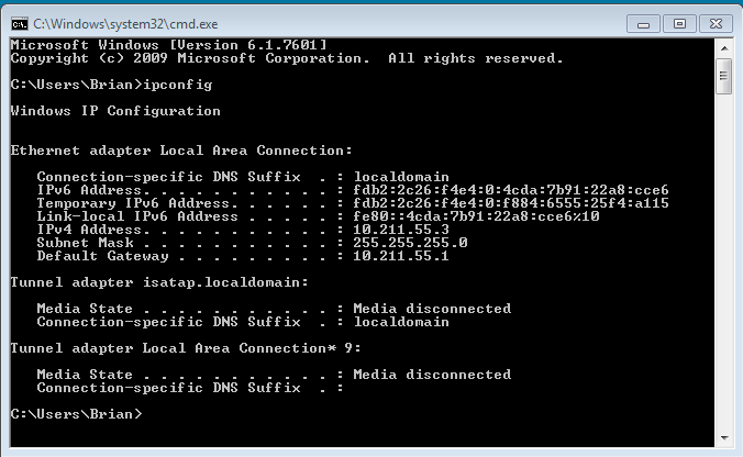 Cómo obtener su dirección IP local en Windows 7 - Paso 3 - Resultados de IPCONFIG para Windows 7