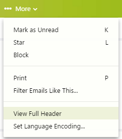 Yahoo menu where view full header is selected to get to email header to Trace an email from Yahoo!