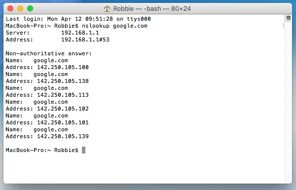 परिणाम के साथ मैक के लिए nslookup
