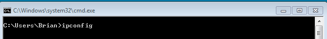 Screenshot for Step 2 of How To Get Your Local IP Address on Windows 7 How To Get Your Local IP Address on Windows 7 - Step 2 - ipconfig typed into the command prompt for windows 7