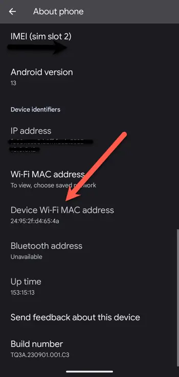 Step three in finding an Android MAC address
