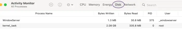 Mac Activity Monitor Disk tab