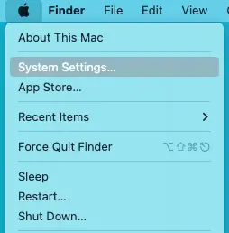 Apple menu showing System Settings is highlighted for selection to lead to the next choice for a user to find the IP address on a mac