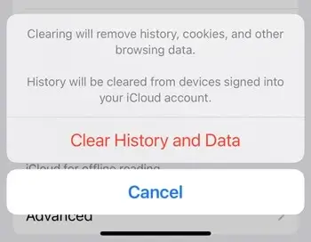 Click Clear History and Data to clear iPhone cache.