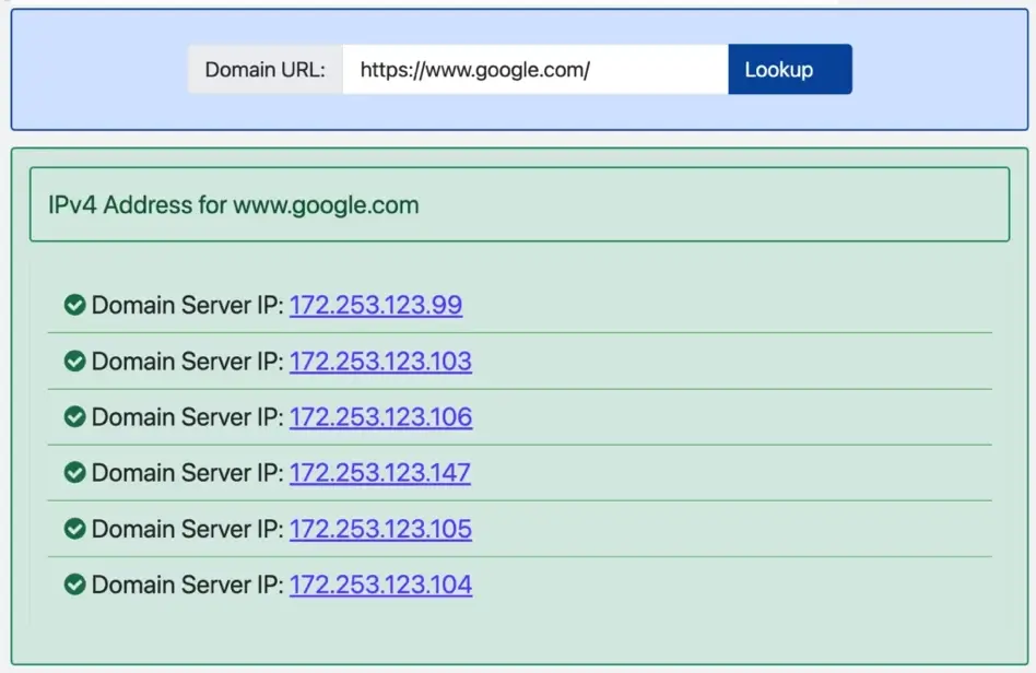 Captura de pantalla de la herramienta de búsqueda DNS con resultados