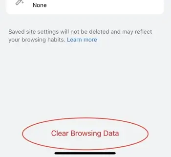 Click Clear Browsing Data to clear cache in Chrome on iPhone.